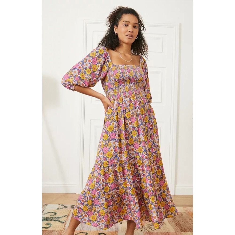 Urban Outfitters Lottie Floral Smocked Lace Up Back Maxi Dress Boho Puff Sleeve